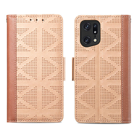 Custodia Portafoglio In Pelle Cover con Supporto S03D per Oppo Find X5 Pro 5G Marrone Chiaro