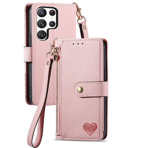 Custodia Portafoglio In Pelle Cover con Supporto S15D per Samsung Galaxy S22 Ultra 5G Rosa