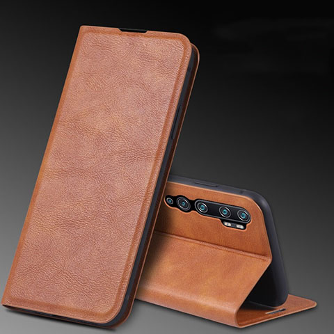 Custodia Portafoglio In Pelle Cover con Supporto T04 per Xiaomi Mi Note 10 Marrone