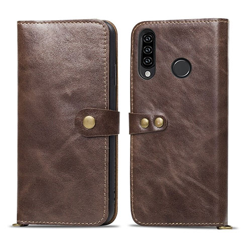 Custodia Portafoglio In Pelle Cover con Supporto T08 per Huawei P30 Lite Marrone