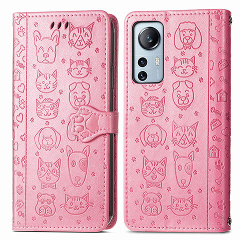 Custodia Portafoglio In Pelle Fantasia Modello Cover con Supporto L01 per Xiaomi Mi 12 Pro 5G Rosa Caldo