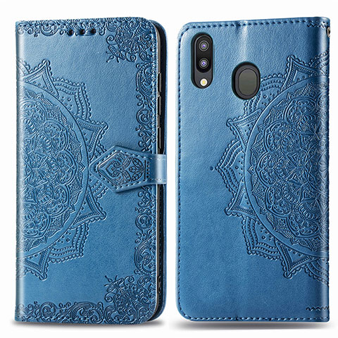 Custodia Portafoglio In Pelle Fantasia Modello Cover con Supporto per Samsung Galaxy M20 Blu