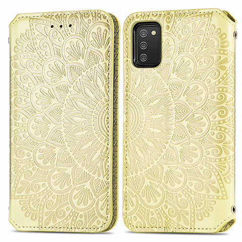 Custodia Portafoglio In Pelle Fantasia Modello Cover con Supporto S01D per Samsung Galaxy A02s Oro