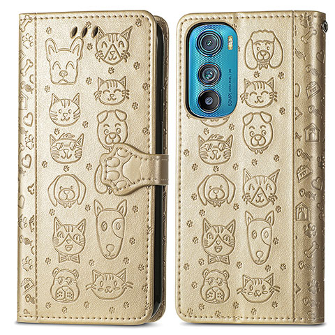 Custodia Portafoglio In Pelle Fantasia Modello Cover con Supporto S03D per Motorola Moto Edge 30 5G Oro