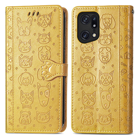 Custodia Portafoglio In Pelle Fantasia Modello Cover con Supporto S03D per Oppo Find X5 5G Giallo