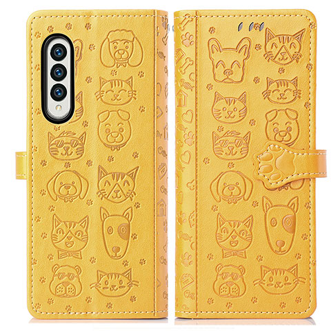 Custodia Portafoglio In Pelle Fantasia Modello Cover con Supporto S03D per Samsung Galaxy Z Fold3 5G Giallo