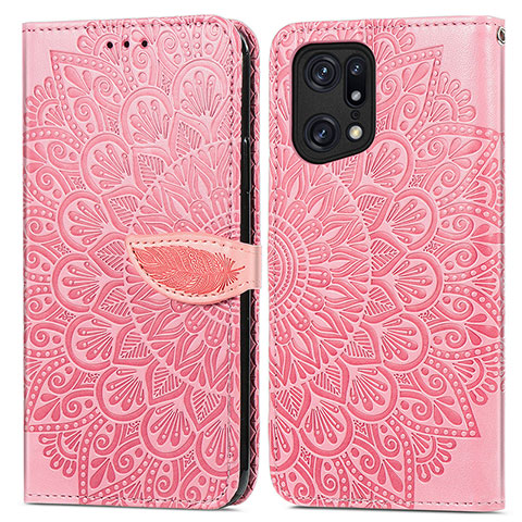 Custodia Portafoglio In Pelle Fantasia Modello Cover con Supporto S04D per Oppo Find X5 Pro 5G Oro Rosa