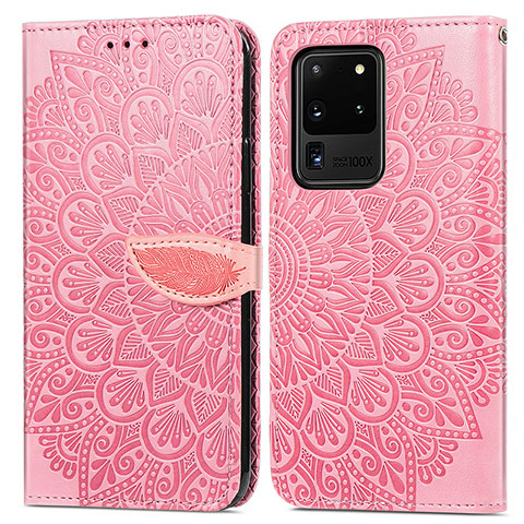 Custodia Portafoglio In Pelle Fantasia Modello Cover con Supporto S04D per Samsung Galaxy S20 Ultra Oro Rosa