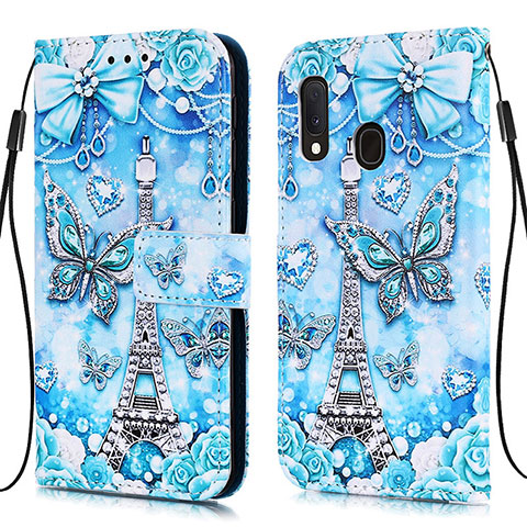 Custodia Portafoglio In Pelle Fantasia Modello Cover con Supporto Y02B per Samsung Galaxy A20e Azzurro