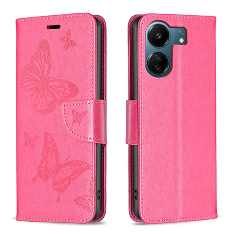 Custodia Portafoglio In Pelle Farfalla Cover con Supporto B01F per Xiaomi Redmi 13C Rosa Caldo