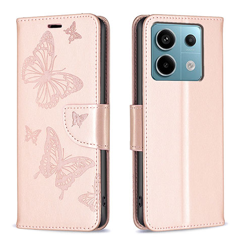 Custodia Portafoglio In Pelle Farfalla Cover con Supporto B01F per Xiaomi Redmi Note 13 Pro 5G Oro Rosa