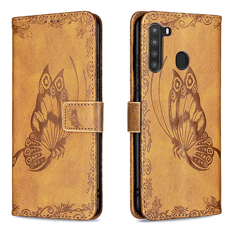 Custodia Portafoglio In Pelle Farfalla Cover con Supporto B02F per Samsung Galaxy A21 Marrone