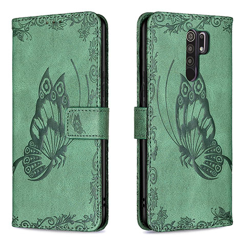 Custodia Portafoglio In Pelle Farfalla Cover con Supporto B02F per Xiaomi Redmi 9 Prime India Verde