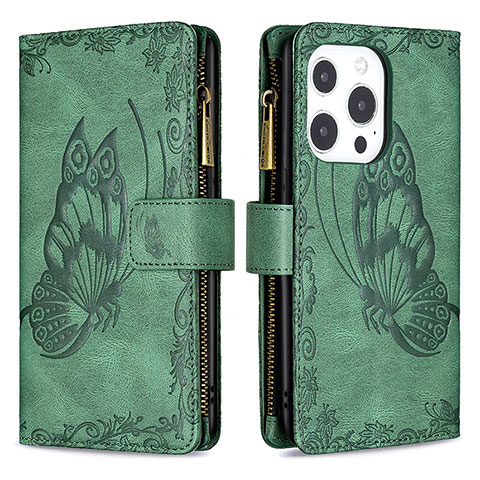 Custodia Portafoglio In Pelle Farfalla Cover con Supporto L08 per Apple iPhone 14 Pro Verde