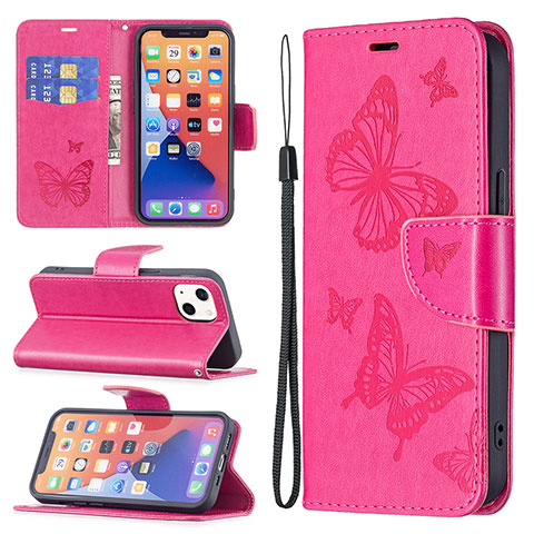 Custodia Portafoglio In Pelle Farfalla Cover con Supporto L09 per Apple iPhone 14 Plus Rosa Caldo