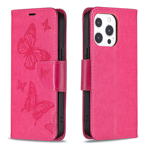 Custodia Portafoglio In Pelle Farfalla Cover con Supporto L09 per Apple iPhone 14 Pro Max Rosa Caldo