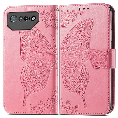 Custodia Portafoglio In Pelle Farfalla Cover con Supporto per Asus ROG Phone 7 Pro Rosa Caldo
