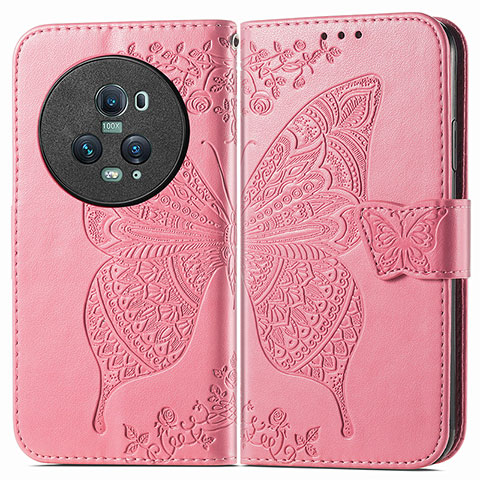 Custodia Portafoglio In Pelle Farfalla Cover con Supporto per Huawei Honor Magic5 Pro 5G Rosa Caldo