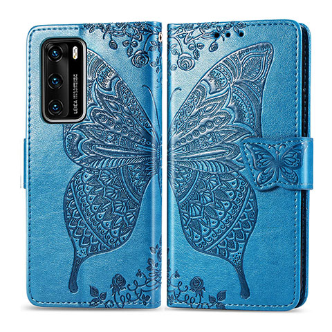 Custodia Portafoglio In Pelle Farfalla Cover con Supporto per Huawei P40 Blu