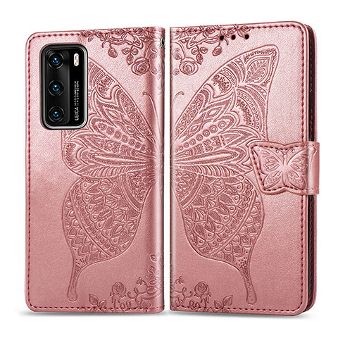 Custodia Portafoglio In Pelle Farfalla Cover con Supporto per Huawei P40 Rosa