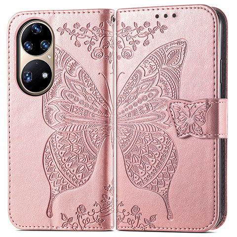 Custodia Portafoglio In Pelle Farfalla Cover con Supporto per Huawei P50 Pro Rosa