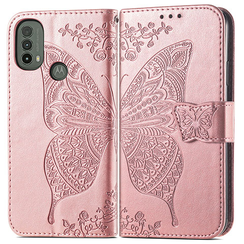 Custodia Portafoglio In Pelle Farfalla Cover con Supporto per Motorola Moto E30 Rosa