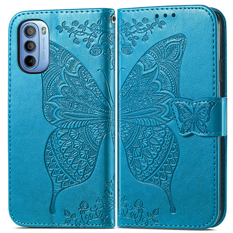 Custodia Portafoglio In Pelle Farfalla Cover con Supporto per Motorola Moto G31 Blu