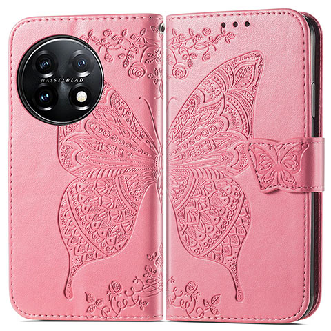 Custodia Portafoglio In Pelle Farfalla Cover con Supporto per OnePlus 11 5G Rosa Caldo