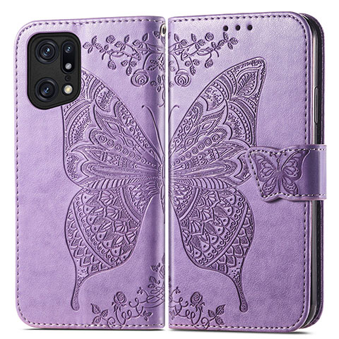 Custodia Portafoglio In Pelle Farfalla Cover con Supporto per Oppo Find X5 5G Lavanda