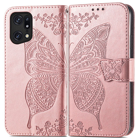 Custodia Portafoglio In Pelle Farfalla Cover con Supporto per Oppo Find X5 5G Rosa