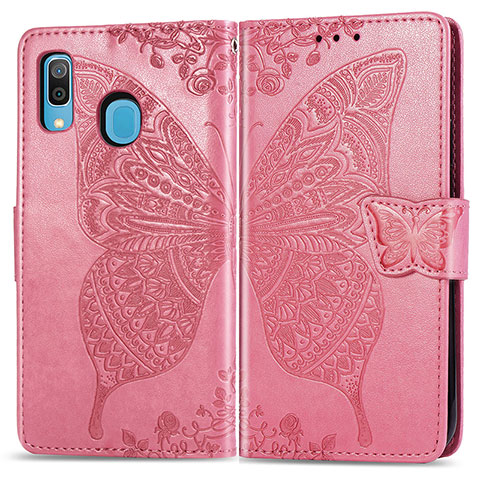 Custodia Portafoglio In Pelle Farfalla Cover con Supporto per Samsung Galaxy A20 Rosa Caldo