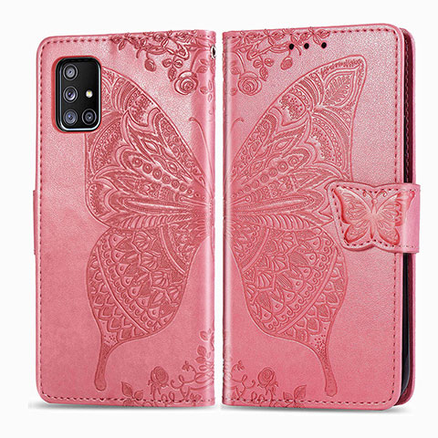 Custodia Portafoglio In Pelle Farfalla Cover con Supporto per Samsung Galaxy A51 4G Rosa Caldo