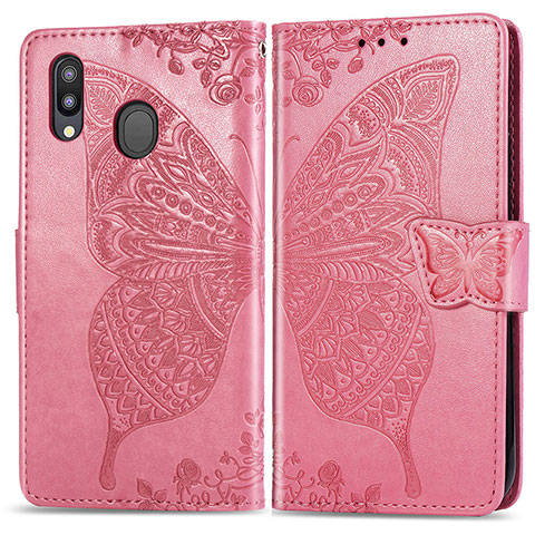 Custodia Portafoglio In Pelle Farfalla Cover con Supporto per Samsung Galaxy M20 Rosa Caldo