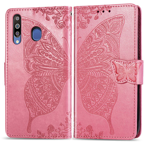 Custodia Portafoglio In Pelle Farfalla Cover con Supporto per Samsung Galaxy M30 Rosa Caldo