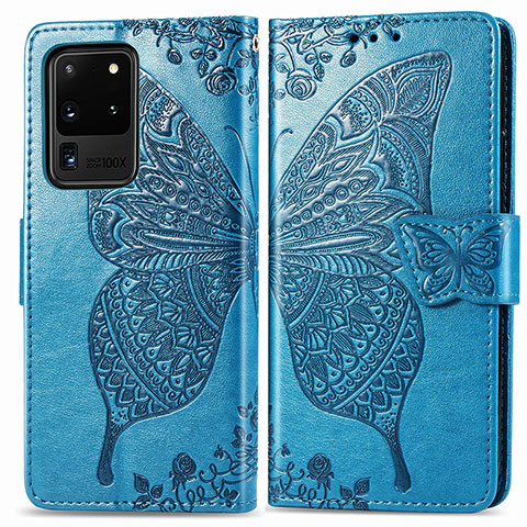 Custodia Portafoglio In Pelle Farfalla Cover con Supporto per Samsung Galaxy S20 Ultra 5G Blu