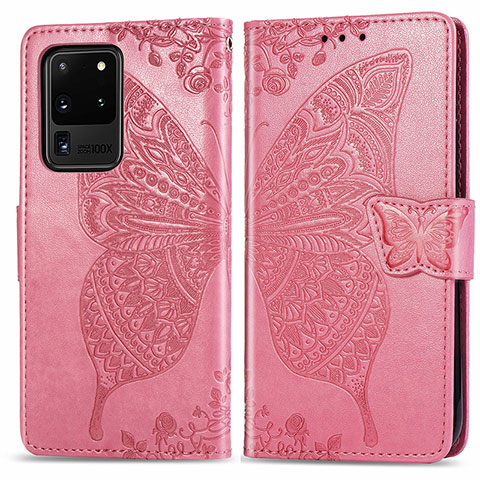 Custodia Portafoglio In Pelle Farfalla Cover con Supporto per Samsung Galaxy S20 Ultra 5G Rosa Caldo