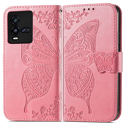 Custodia Portafoglio In Pelle Farfalla Cover con Supporto per Vivo iQOO 10 5G Rosa Caldo