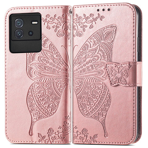 Custodia Portafoglio In Pelle Farfalla Cover con Supporto per Vivo iQOO Neo6 5G Rosa