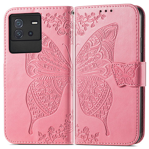 Custodia Portafoglio In Pelle Farfalla Cover con Supporto per Vivo iQOO Neo6 5G Rosa Caldo