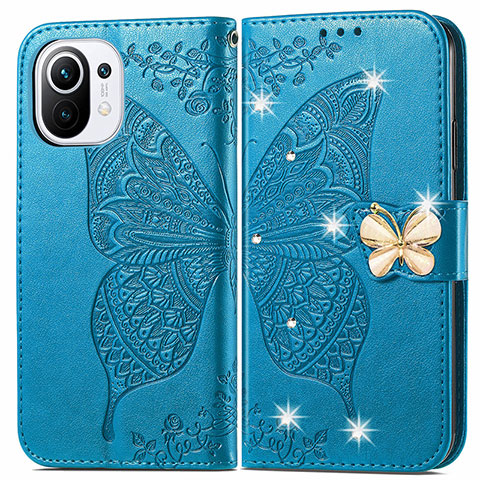 Custodia Portafoglio In Pelle Farfalla Cover con Supporto per Xiaomi Mi 11 5G Blu