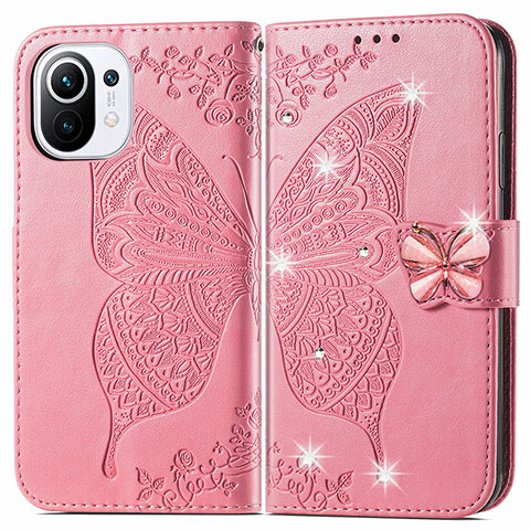 Custodia Portafoglio In Pelle Farfalla Cover con Supporto per Xiaomi Mi 11 5G Rosa Caldo