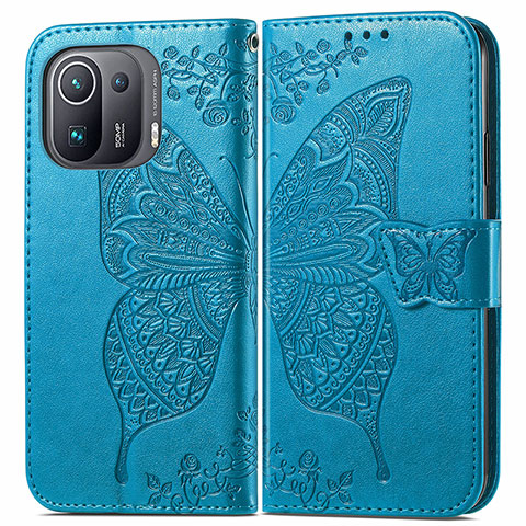 Custodia Portafoglio In Pelle Farfalla Cover con Supporto per Xiaomi Mi 11 Pro 5G Blu