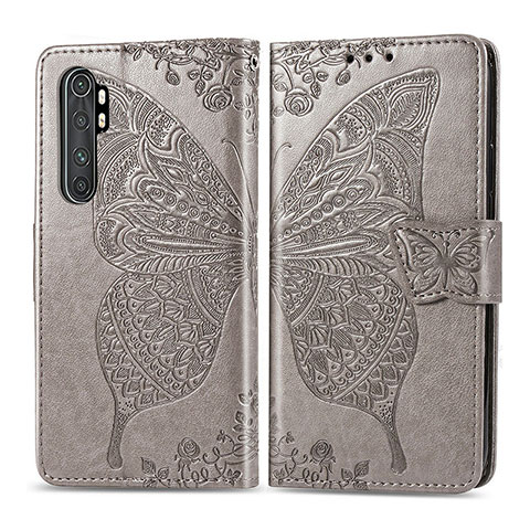 Custodia Portafoglio In Pelle Farfalla Cover con Supporto per Xiaomi Mi Note 10 Lite Grigio
