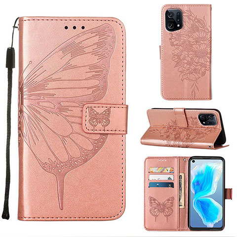 Custodia Portafoglio In Pelle Farfalla Cover con Supporto Y01B per Oppo Find X5 5G Oro Rosa