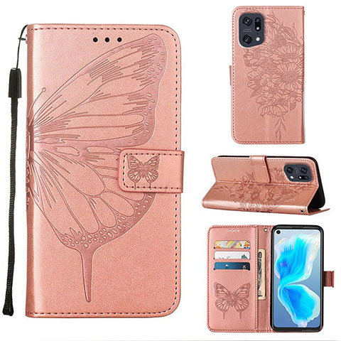 Custodia Portafoglio In Pelle Farfalla Cover con Supporto Y01B per Oppo Find X5 Pro 5G Oro Rosa