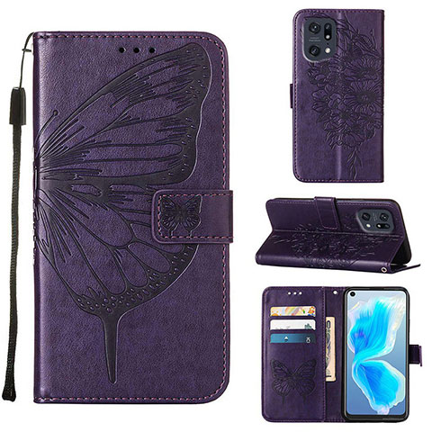 Custodia Portafoglio In Pelle Farfalla Cover con Supporto Y01B per Oppo Find X5 Pro 5G Viola
