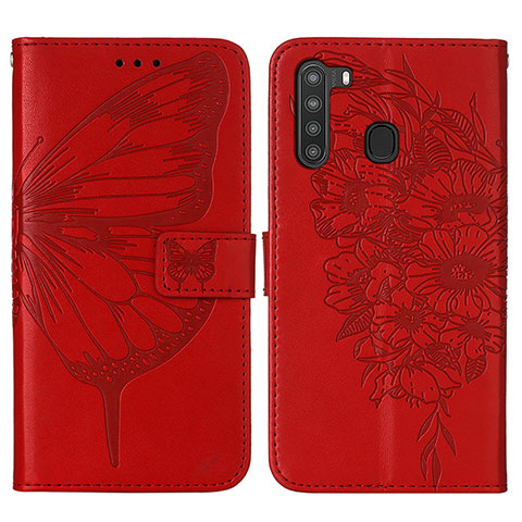 Custodia Portafoglio In Pelle Farfalla Cover con Supporto Y01B per Samsung Galaxy A21 Rosso