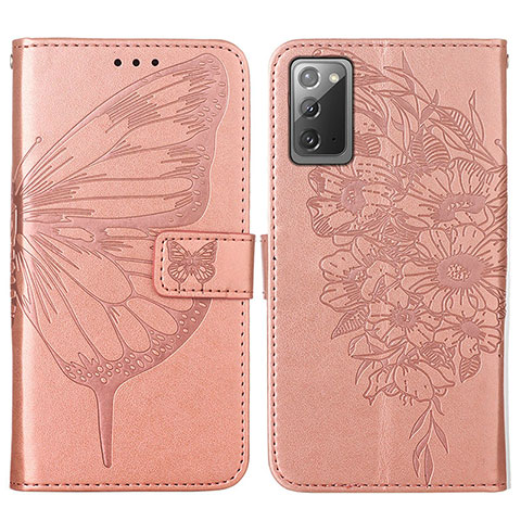 Custodia Portafoglio In Pelle Farfalla Cover con Supporto Y01B per Samsung Galaxy Note 20 5G Oro Rosa