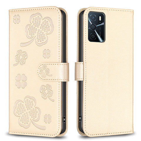 Custodia Portafoglio In Pelle Fiori Cover con Supporto BF1 per Oppo A54s Oro