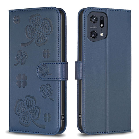 Custodia Portafoglio In Pelle Fiori Cover con Supporto BF1 per Oppo Find X5 Pro 5G Blu